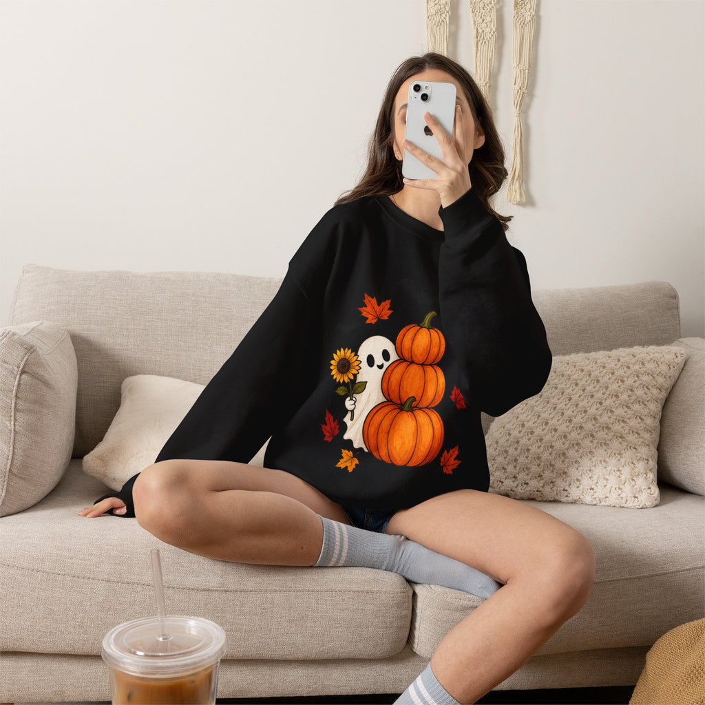 Halloween Pumpkin Stack Crewneck Sweatshirt — Ghost, Sunflower & Falling Leaves Design