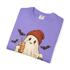 Halloween Ghost T-Shirt — Cute Ghost with Pumpkin & Coffee Graphic