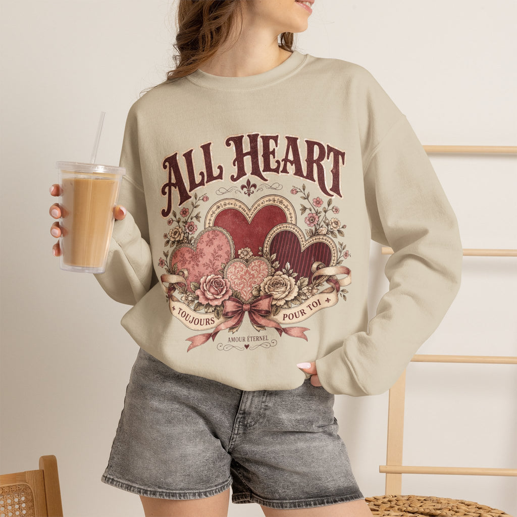 Vintage-Sweatshirt mit Rundhalsausschnitt zum Valentinstag – „All Heart“ romantisches Motiv