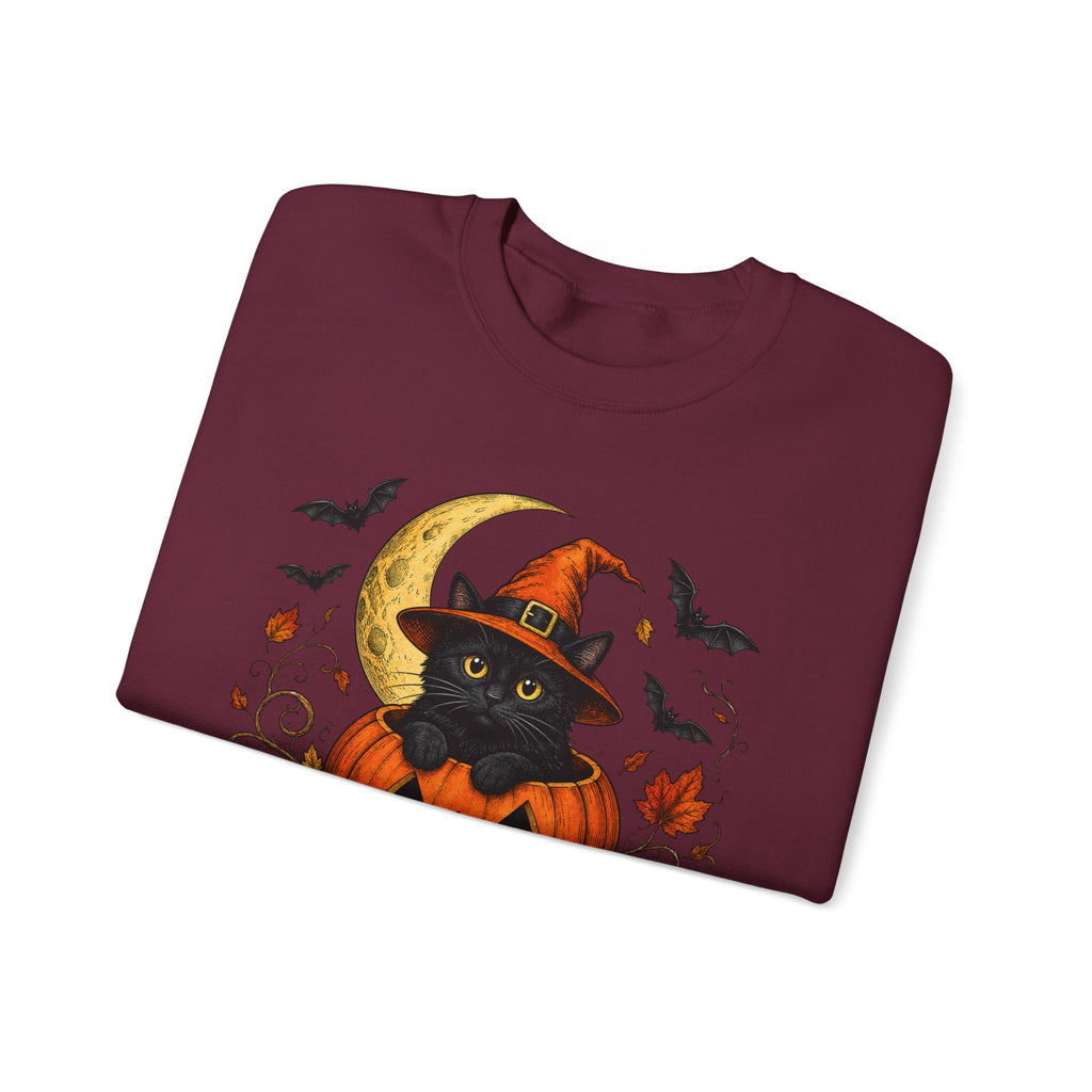 Halloween Black Cat Pumpkin Sweatshirt — Witch Hat, Moon & Bats Crewneck