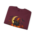 Halloween Black Cat Pumpkin Sweatshirt — Witch Hat, Moon & Bats Crewneck