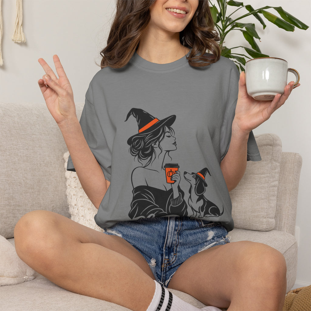 Her Human Witch Tee — Halloween Witch & Dog Graphic T-Shirt