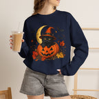 Halloween Black Cat Pumpkin Sweatshirt — Witch Hat, Moon & Bats Crewneck