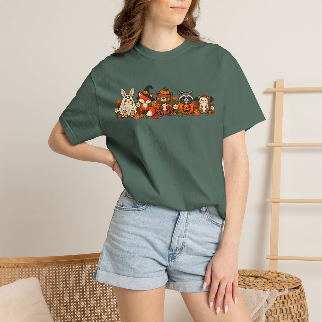Halloween Critter Lineup T-Shirt — Cute Pumpkin, Witch & Bunny Spooky Crew