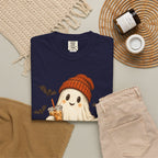 Halloween Ghost T-Shirt — Cute Ghost with Pumpkin & Coffee Graphic