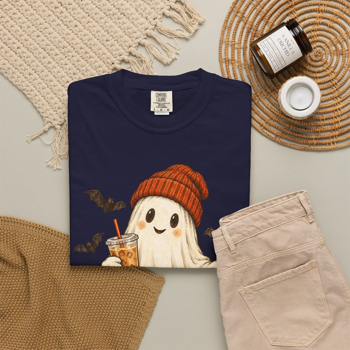 Halloween Ghost T-Shirt — Cute Ghost with Pumpkin & Coffee Graphic