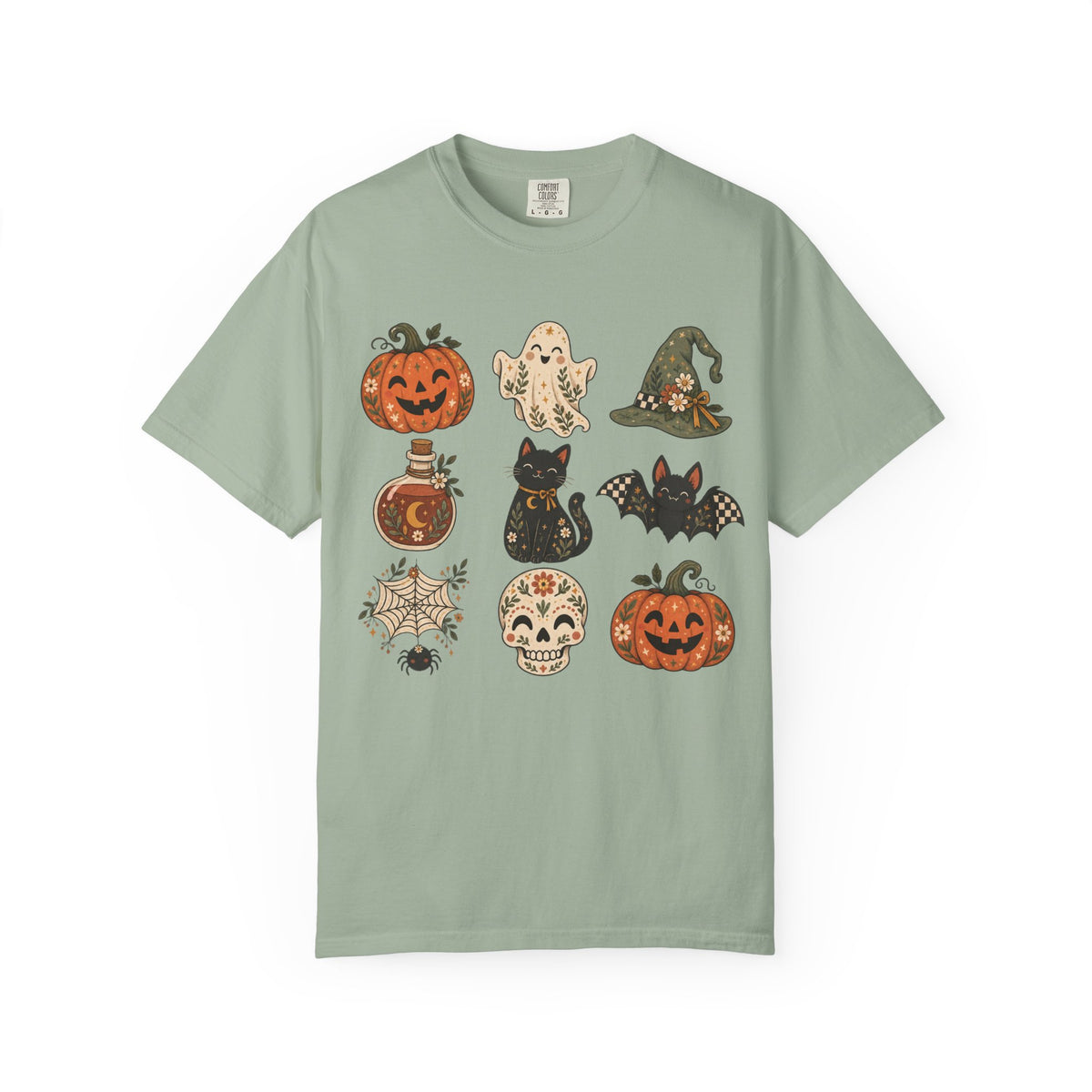 Halloween Icons T-Shirt — Cute Retro Pumpkins, Ghost, Cat & Skull Tee