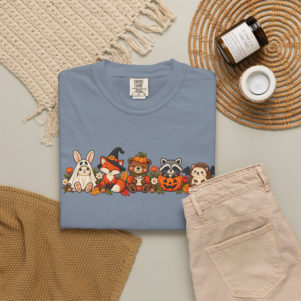 Halloween Critter Lineup T-Shirt — Cute Pumpkin, Witch & Bunny Spooky Crew