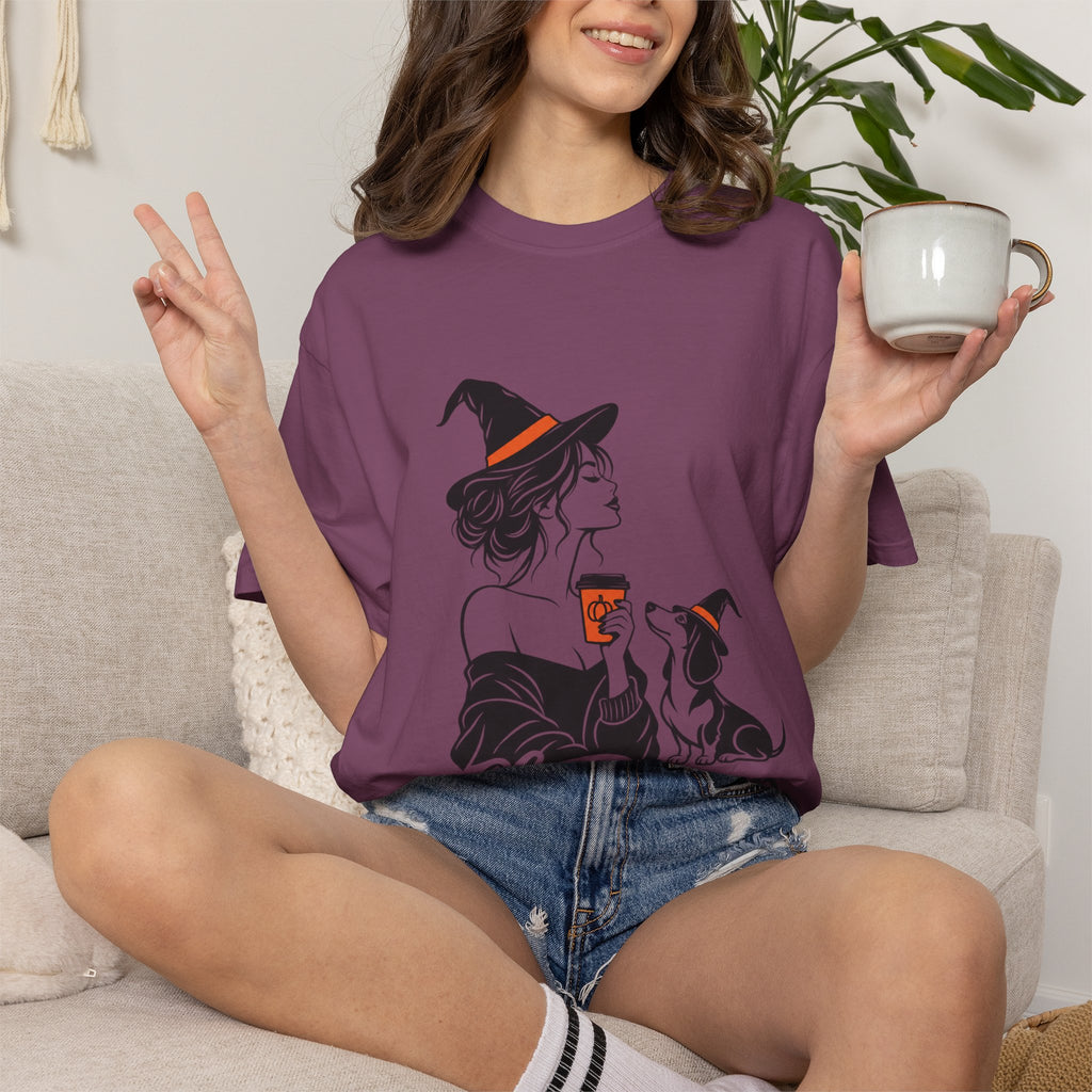 Her Human Witch Tee — Halloween Witch & Dog Graphic T-Shirt