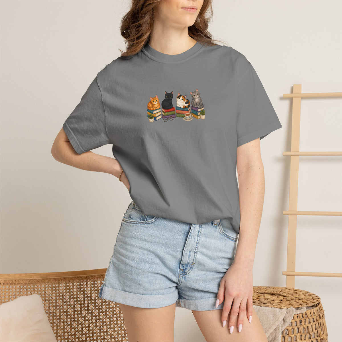 Cat Knit Crew T-Shirt — Cozy Cats Sitting Together Graphic Tee