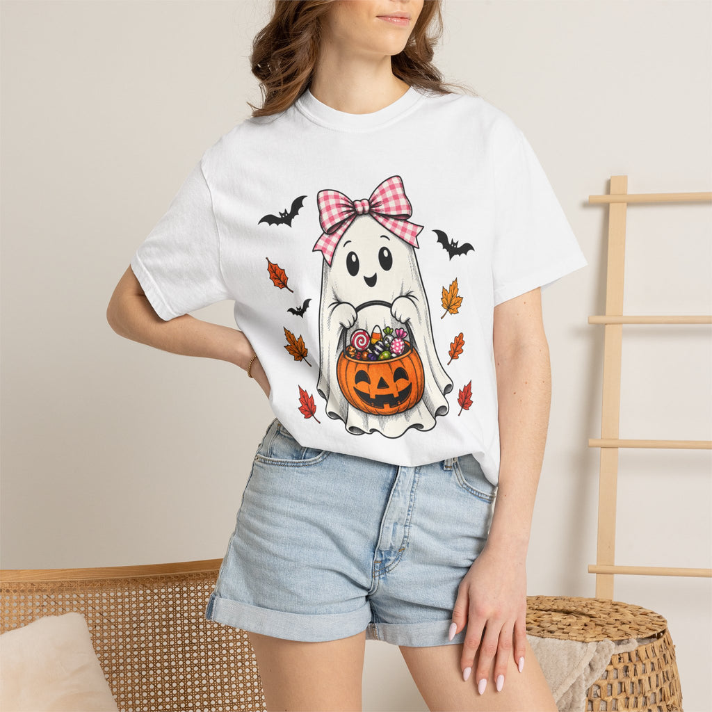Cute Halloween Ghost T-Shirt — Trick-or-Treat Pumpkin & Bats