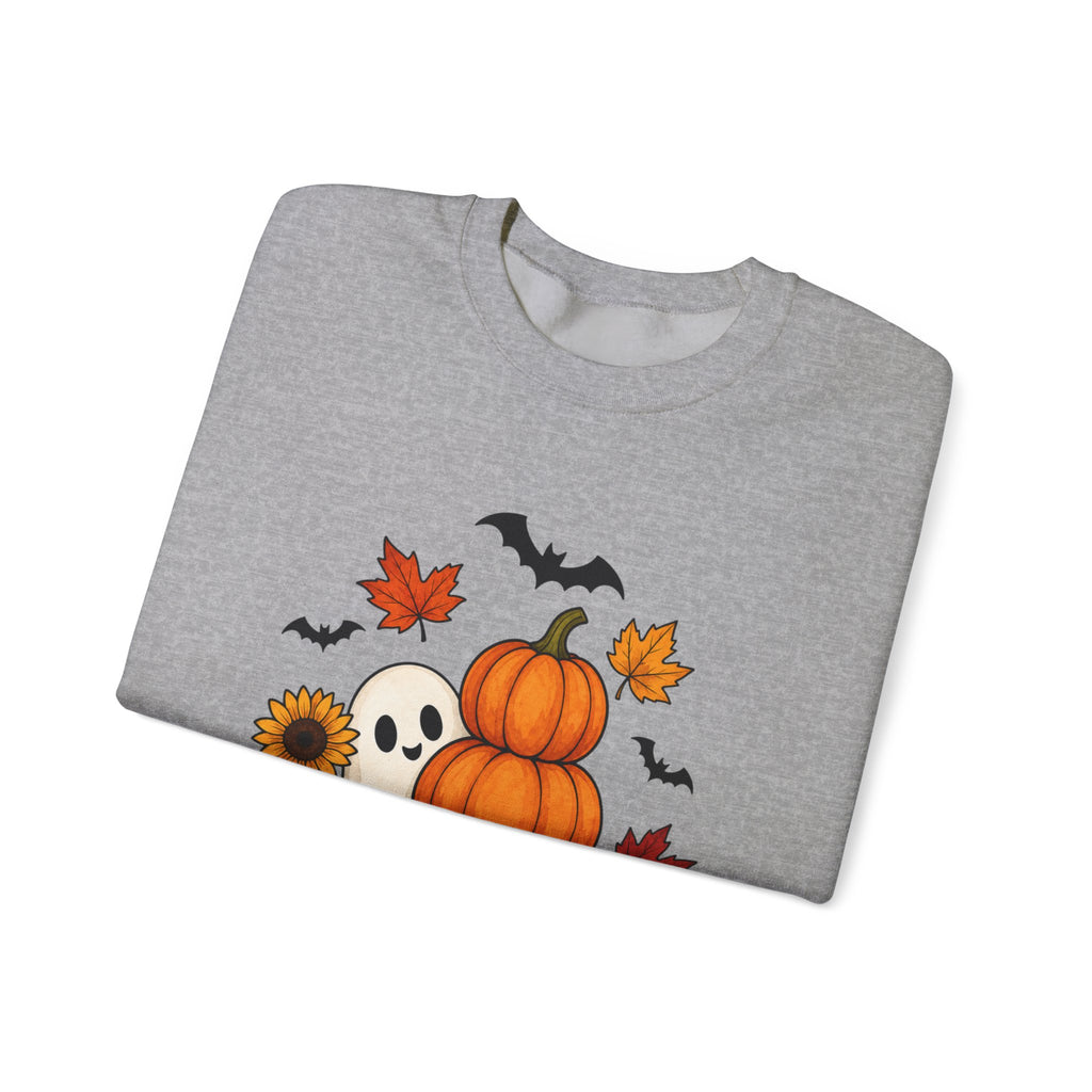 Halloween Pumpkin Stack Crewneck Sweatshirt — Ghost, Sunflower & Falling Leaves Design