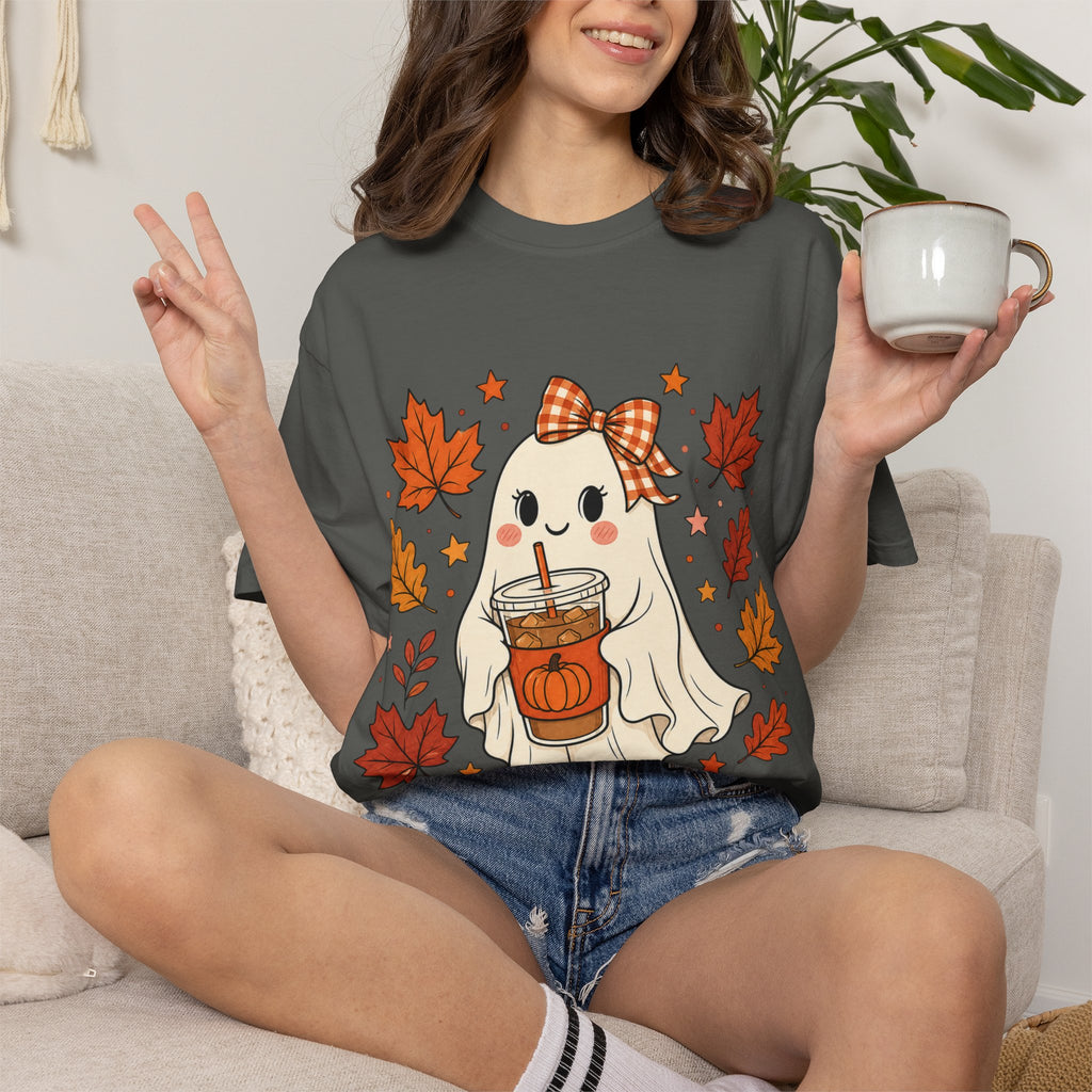 Cute Ghost Pumpkin Drink Tee — Fall Leaves Graphic T-Shirt