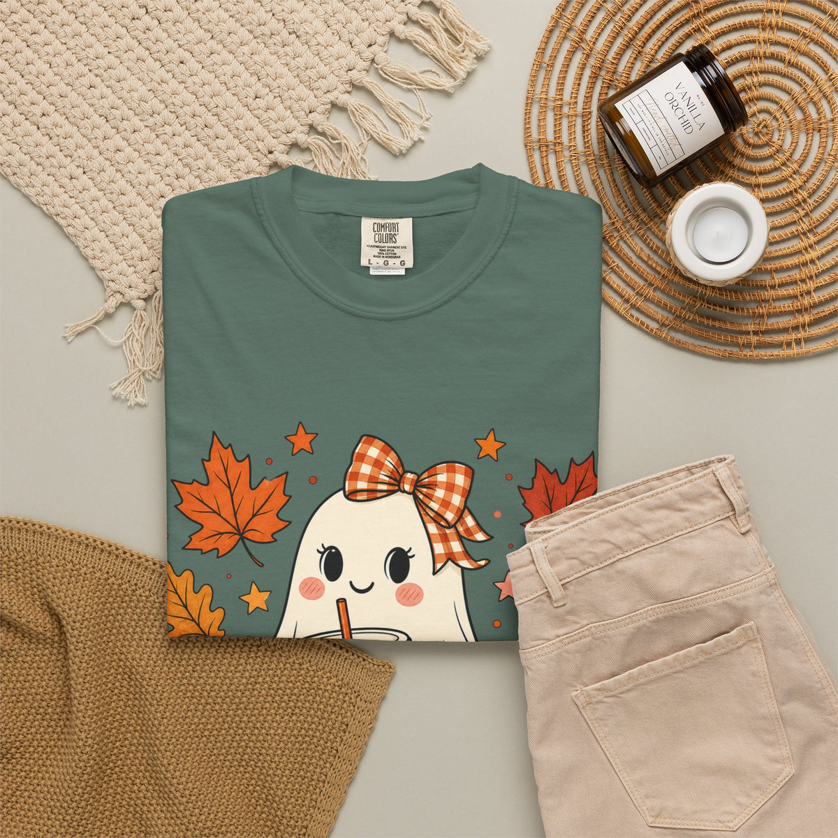 Cute Ghost Pumpkin Drink Tee — Fall Leaves Graphic T-Shirt