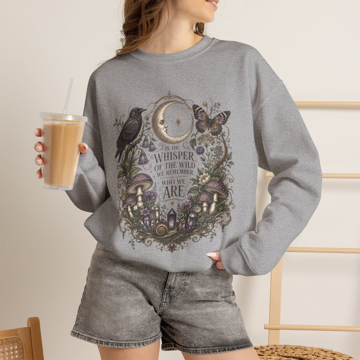 Mystic Moon & Mushroom Crewneck Sweatshirt — "Whisper to the Wild" Nature Graphic