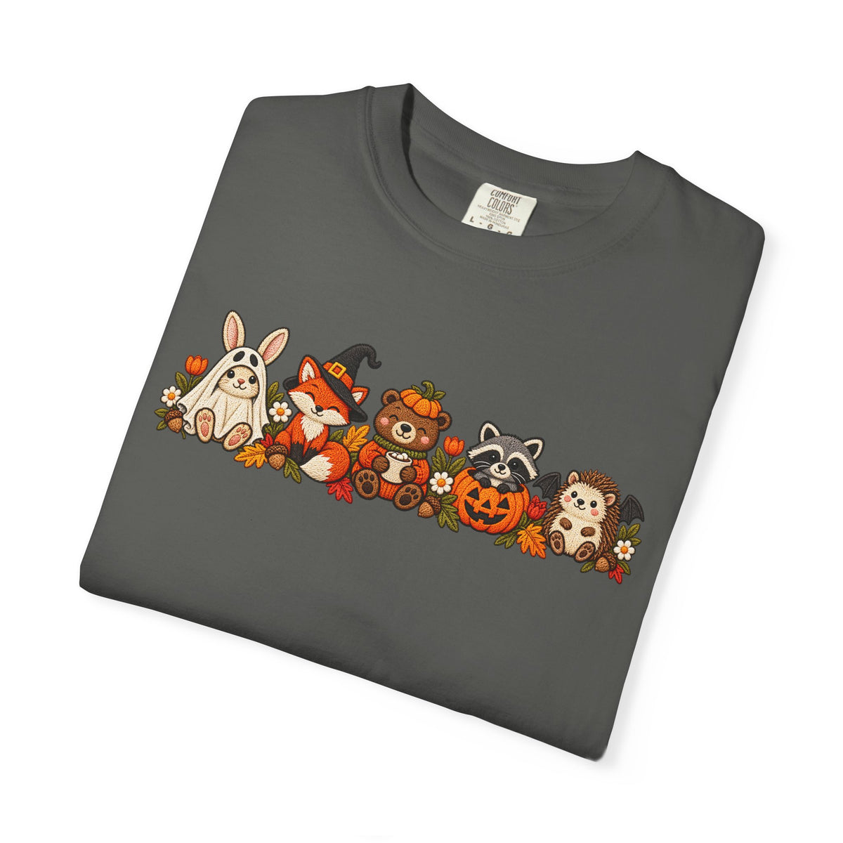 Halloween Critter Lineup T-Shirt — Cute Pumpkin, Witch & Bunny Spooky Crew