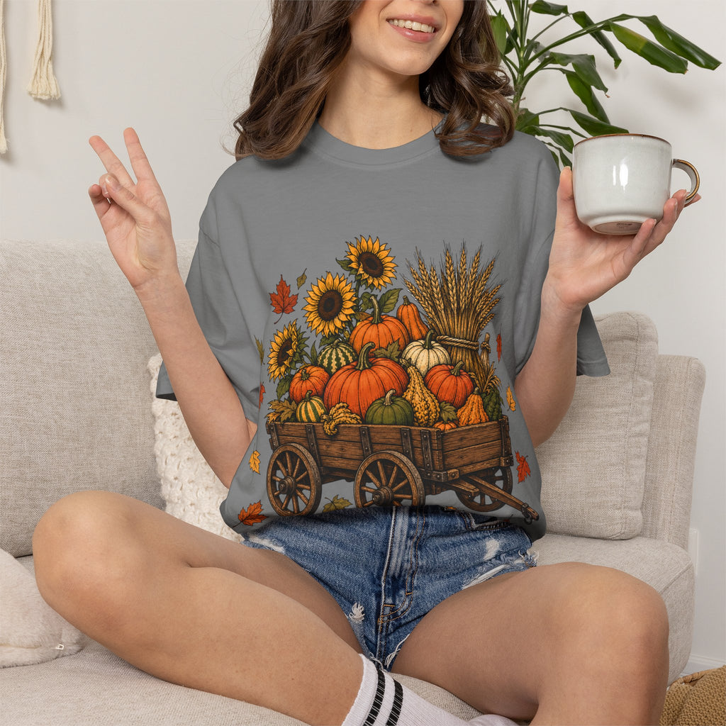 T-Shirt „Herbsternte-Wagen“ — Kürbis & Sonnenblume Herbst-T-Shirt