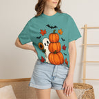Halloween Pumpkin Stack T-Shirt — Cute Ghost, Sunflower & Falling Leaves Design