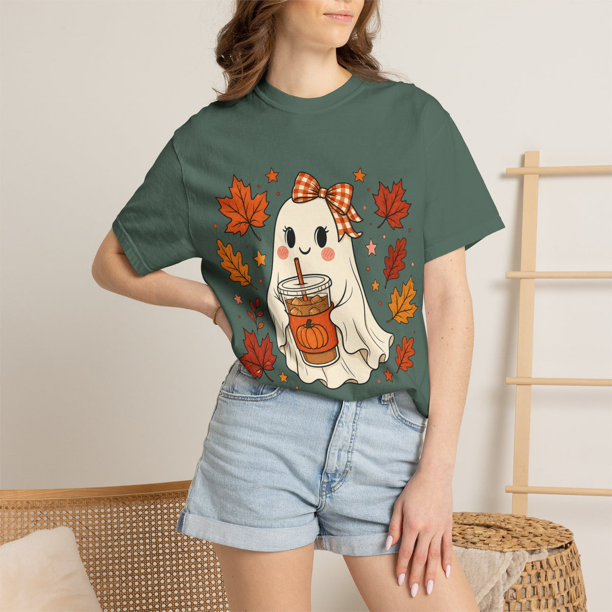 Cute Ghost Pumpkin Drink Tee — Fall Leaves Graphic T-Shirt