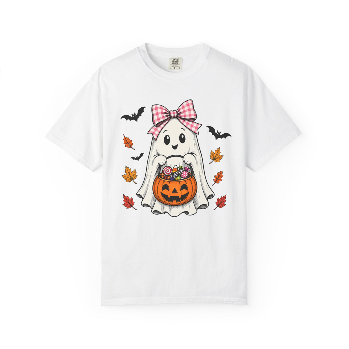 Cute Halloween Ghost T-Shirt — Trick-or-Treat Pumpkin & Bats