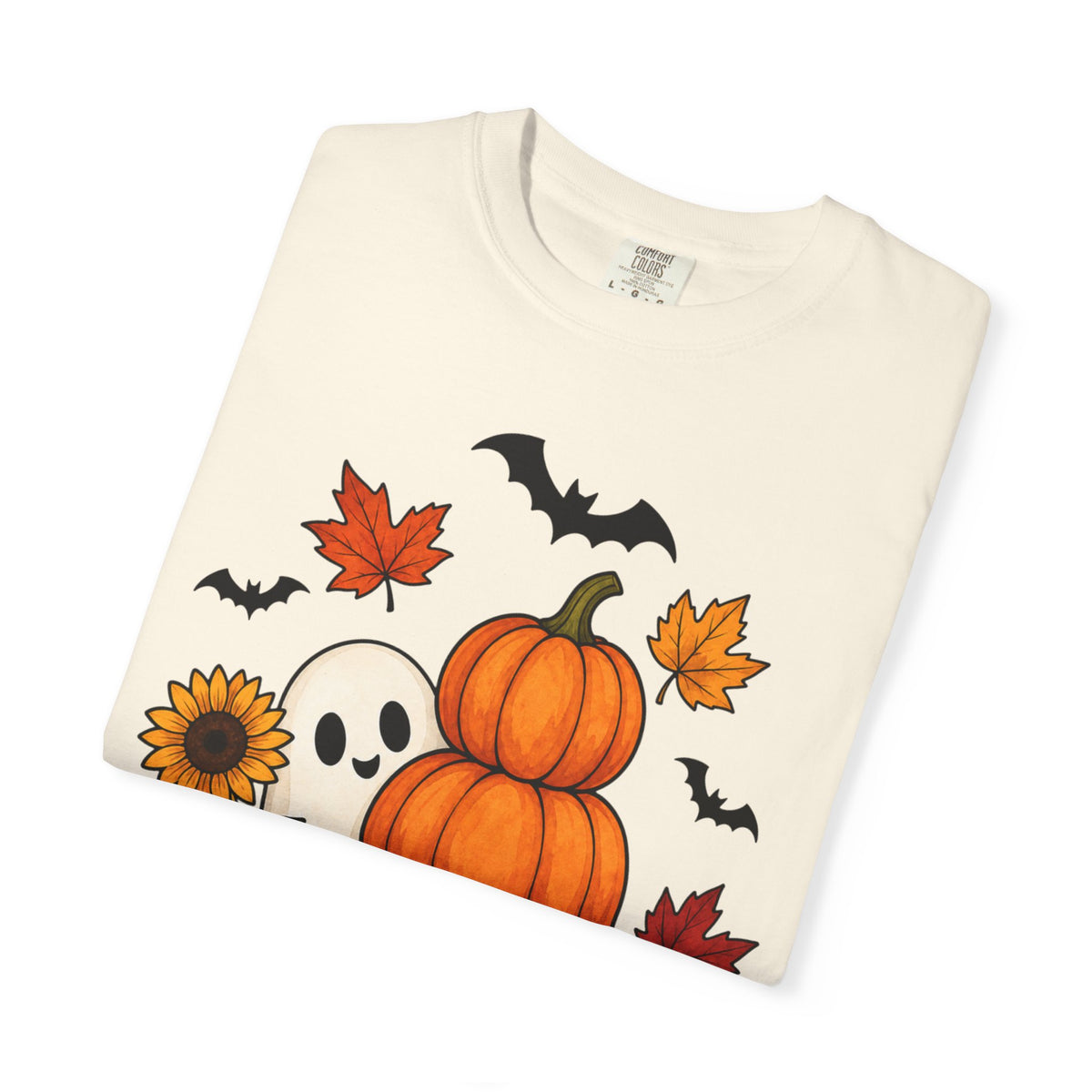 Halloween Pumpkin Stack T-Shirt — Cute Ghost, Sunflower & Falling Leaves Design