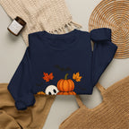 Halloween Pumpkin Stack Crewneck Sweatshirt — Ghost, Sunflower & Falling Leaves Design