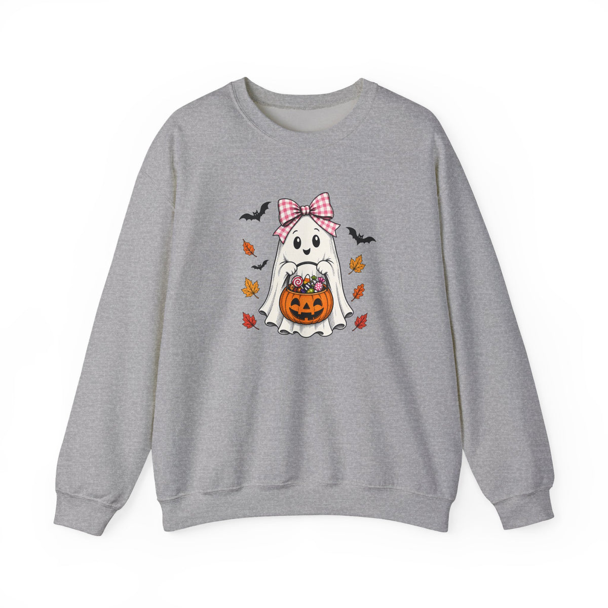 Cute Halloween Ghost Sweatshirt – Girl Ghost with Pumpkin Basket & Bats