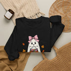 Cute Halloween Ghost Sweatshirt – Girl Ghost with Pumpkin Basket & Bats