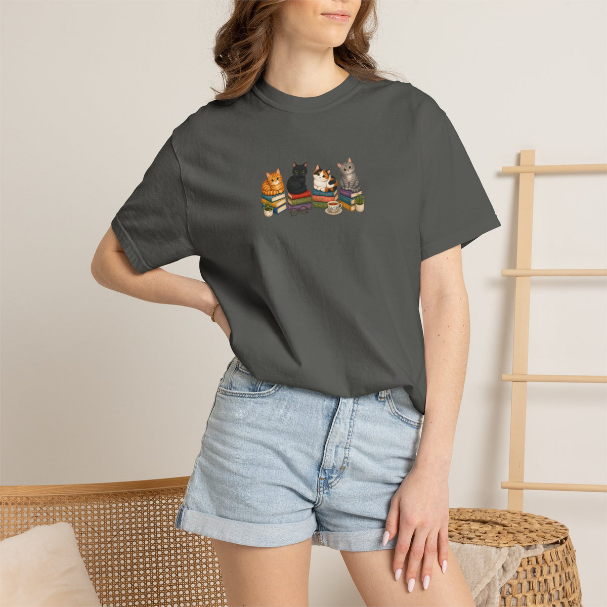 Cat Knit Crew T-Shirt — Cozy Cats Sitting Together Graphic Tee