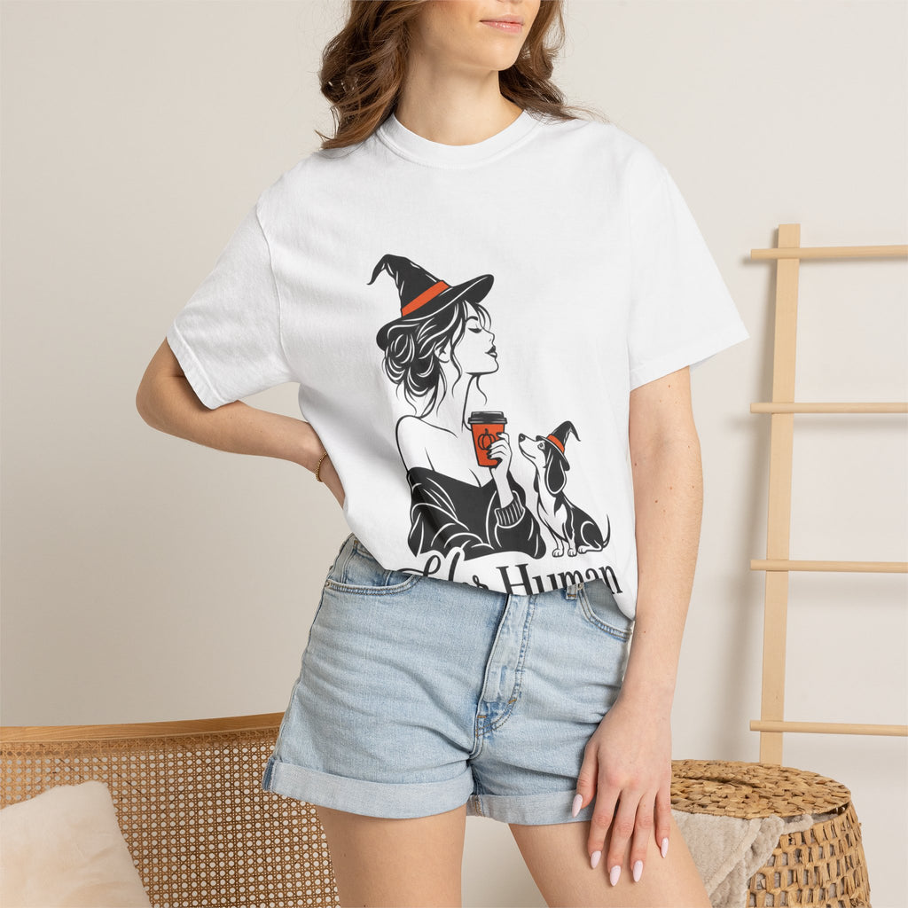 Her Human Witch Tee — Halloween Witch & Dog Graphic T-Shirt