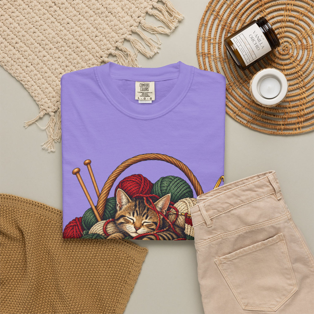 Cat in Yarn Basket T‑Shirt — Cozy Holiday Knitting Cat Tee