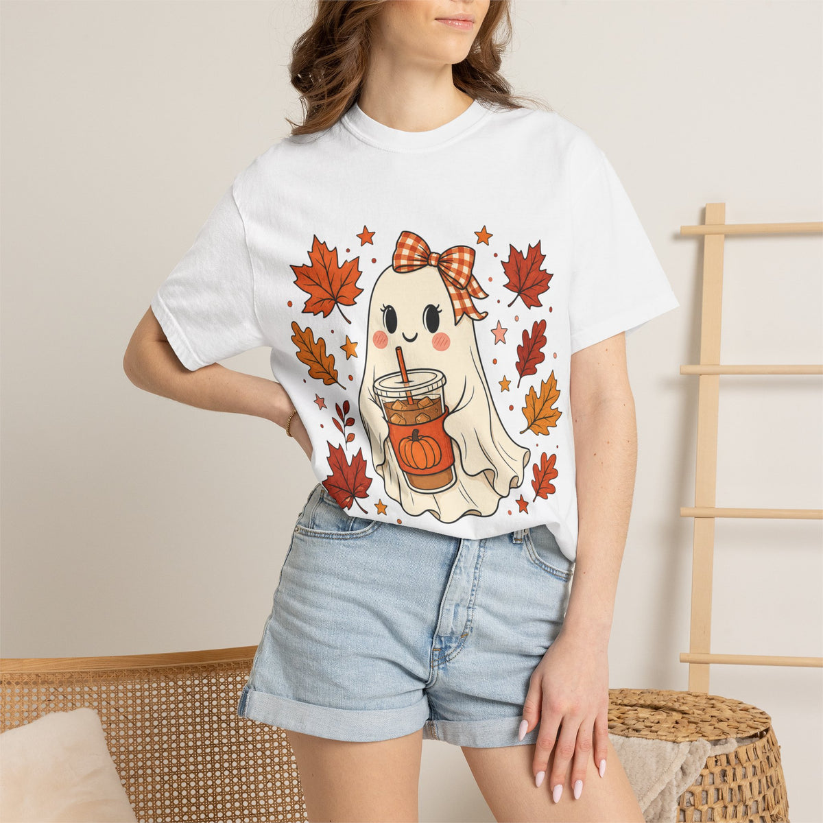 Cute Ghost Pumpkin Drink Tee — Fall Leaves Graphic T-Shirt