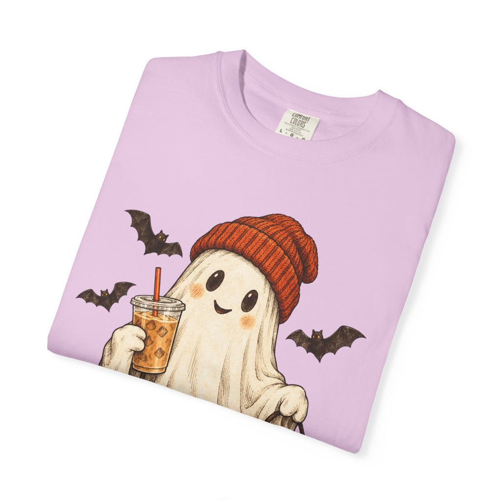 Halloween Ghost T-Shirt — Cute Ghost with Pumpkin & Coffee Graphic