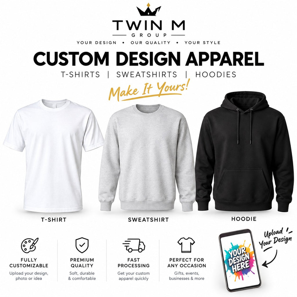 Twin M custom design apparel: upload your design, photo or idea to personalize a t-shirt